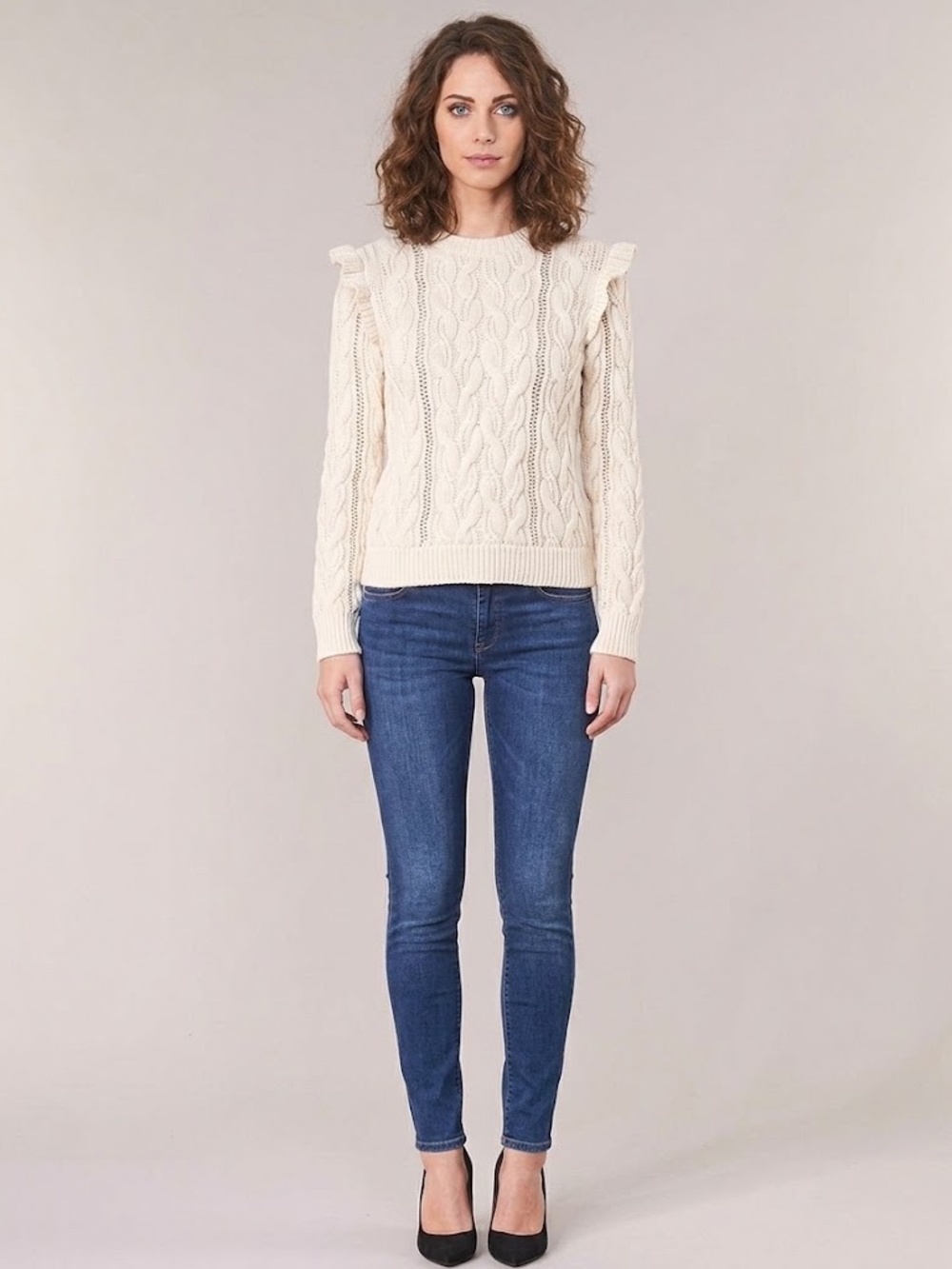 FRAME Sofia Ruffle Cable-Knit Jumper Off-White Size XXS